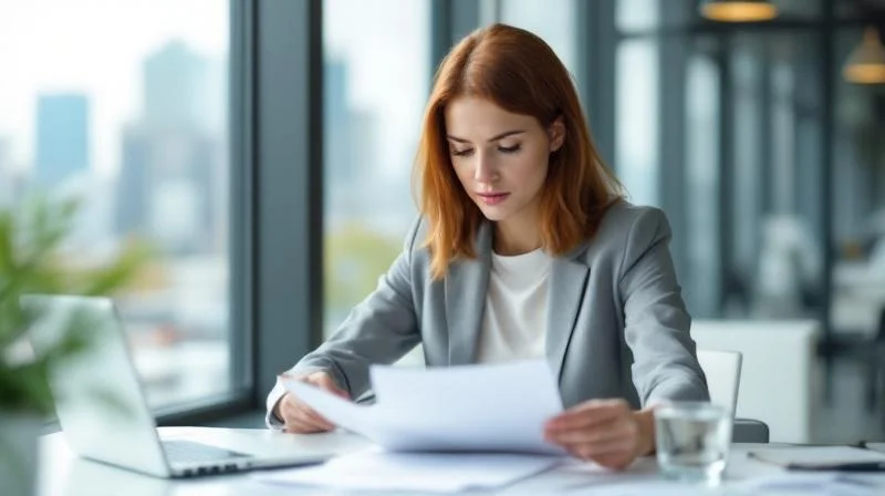 Frau liest Weiterbildungsunterlagen an einem Schreibtisch in einem modernen Büro in Leverkusen