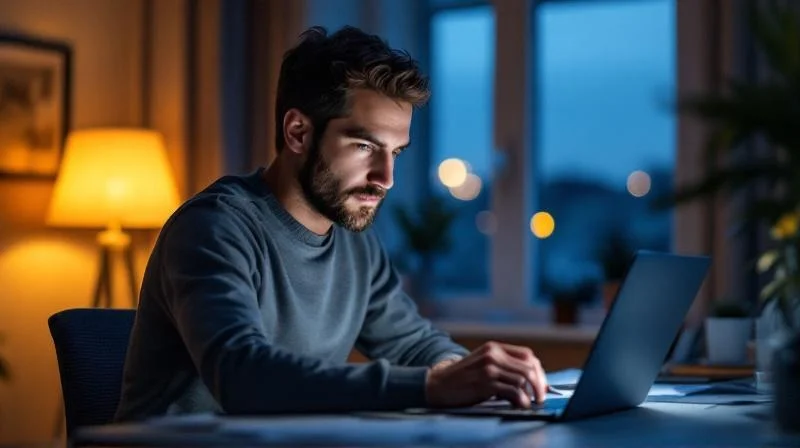 Mann lernt abends am Schreibtisch für den Wirtschaftsfachwirt in Leverkusen